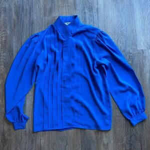 Objectives Womens Vintage Royal Blue Pleated Mock Neck Bishop Sleeve Blouse 14